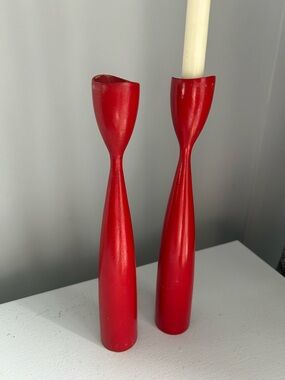 VTG MCM Danish Red Wooden Taper Candle Holders - Set of 2